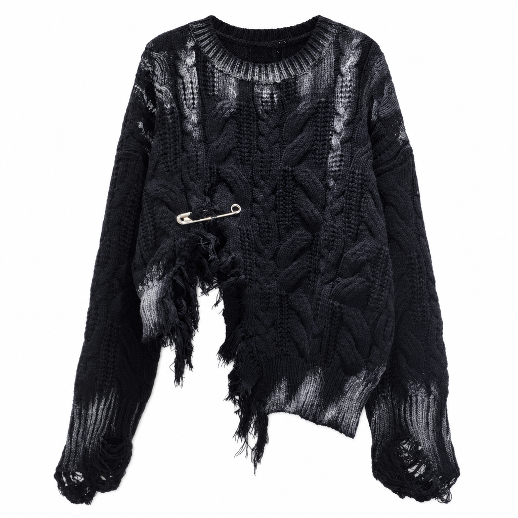 Women's Black Distressed Cable-Knit Pullover Sweater