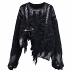 Women's Black Distressed Cable-Knit Pullover Sweater
