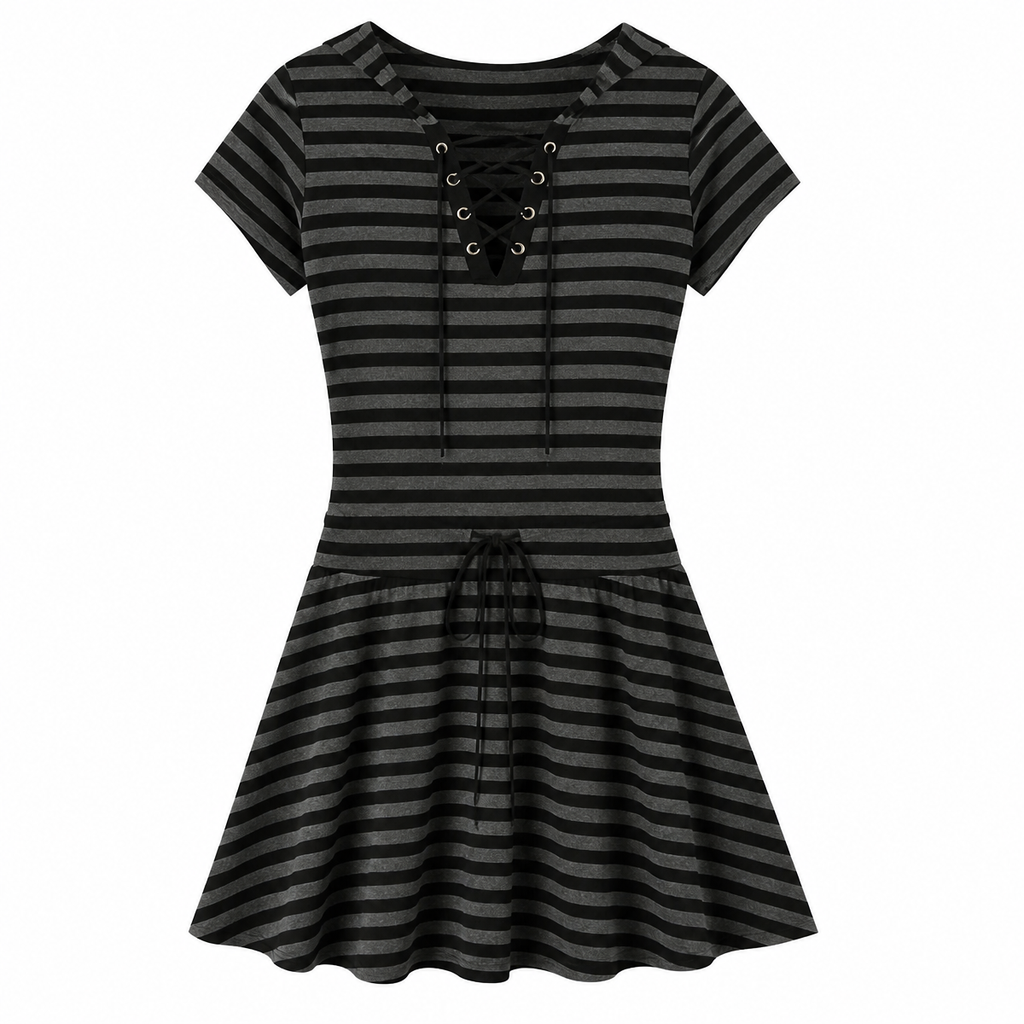 Grunge Black and Gray Striped Short-Sleeve Dress