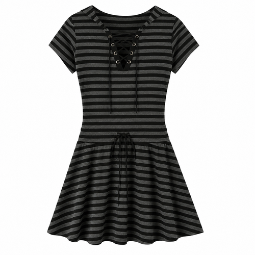 Grunge Black and Gray Striped Short-Sleeve Dress