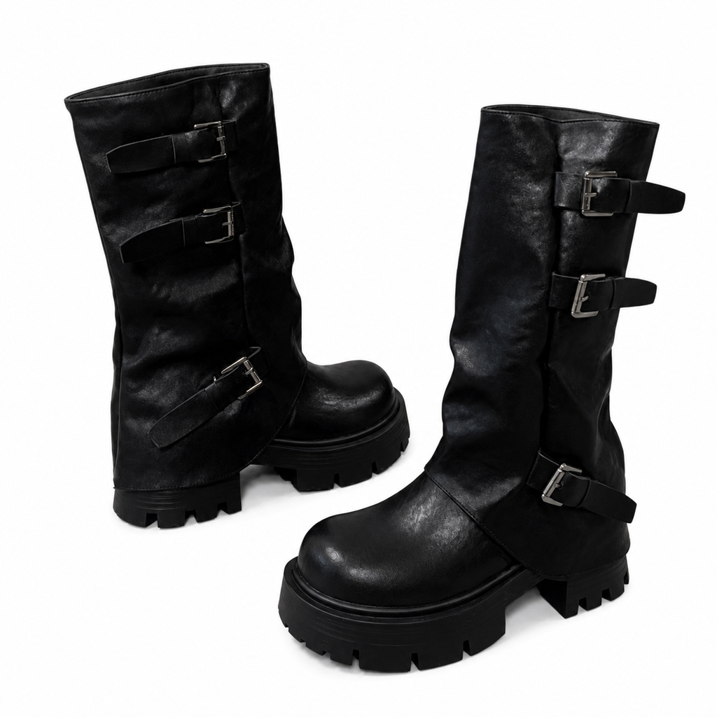 Women's Black Platform Buckle Mid-Calf Boots