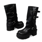 Women's Black Platform Buckle Mid-Calf Boots
