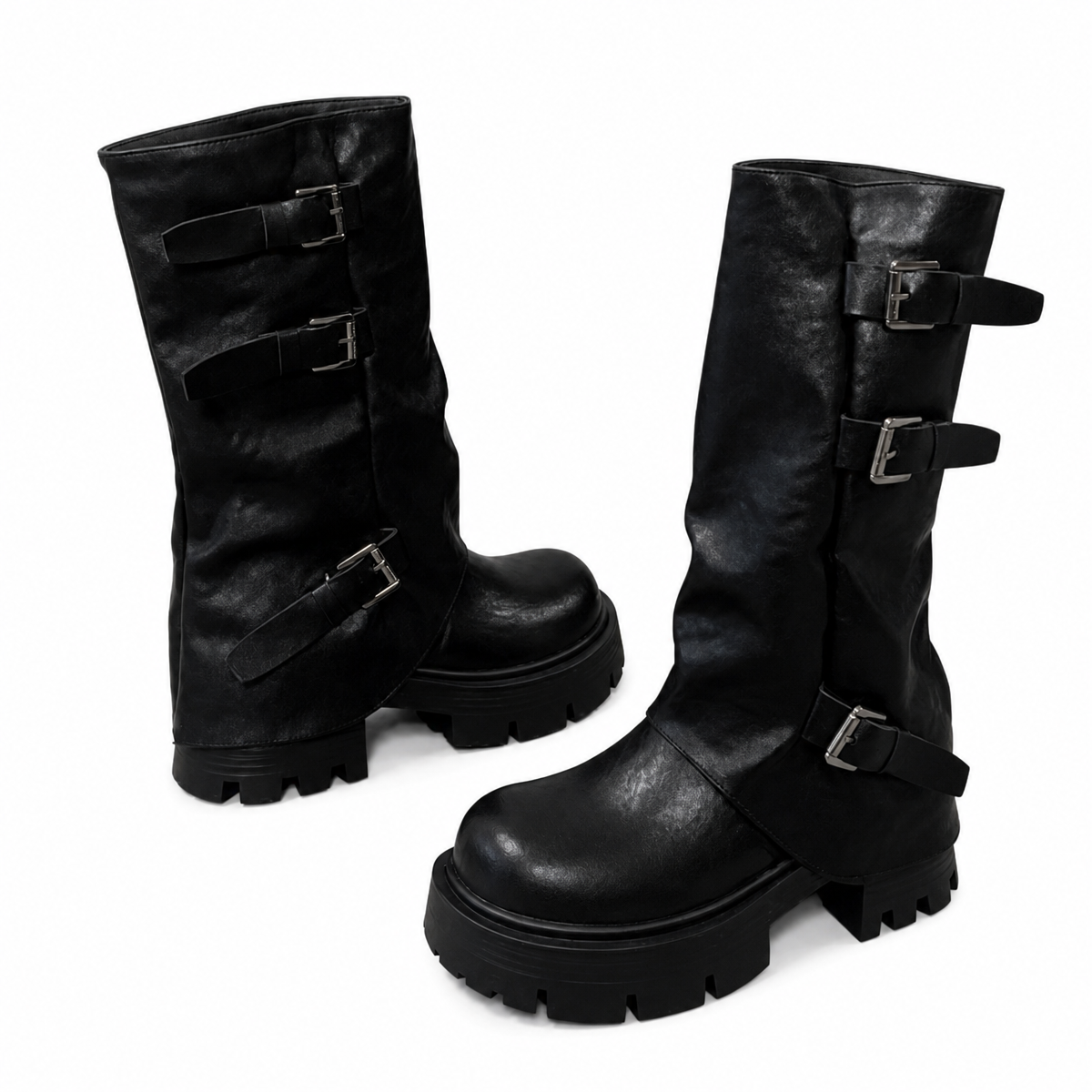 Women's Black Platform Buckle Mid-Calf Boots