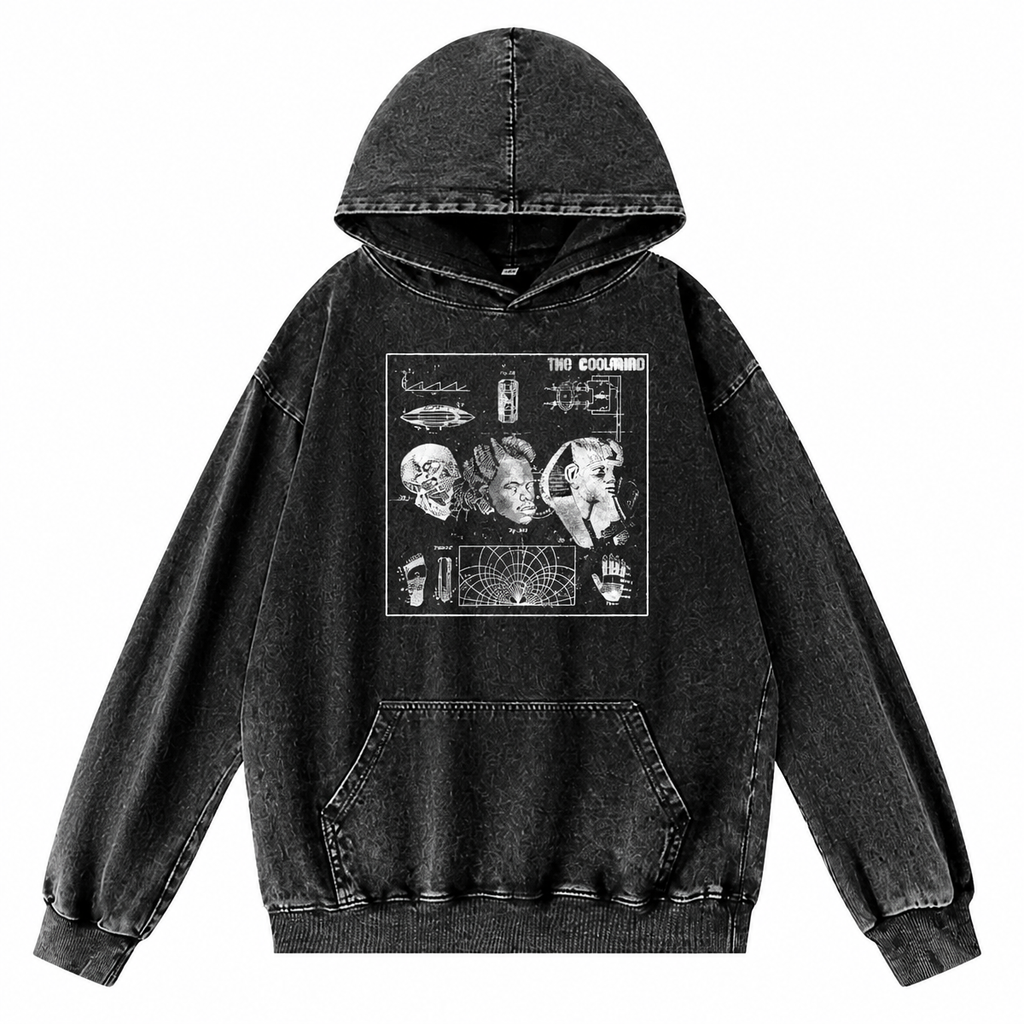 Grunge Acid-Washed Black Graphic Hooded Pullover Hoodie