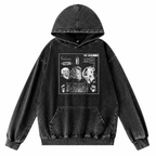 Grunge Acid-Washed Black Graphic Hooded Pullover Hoodie