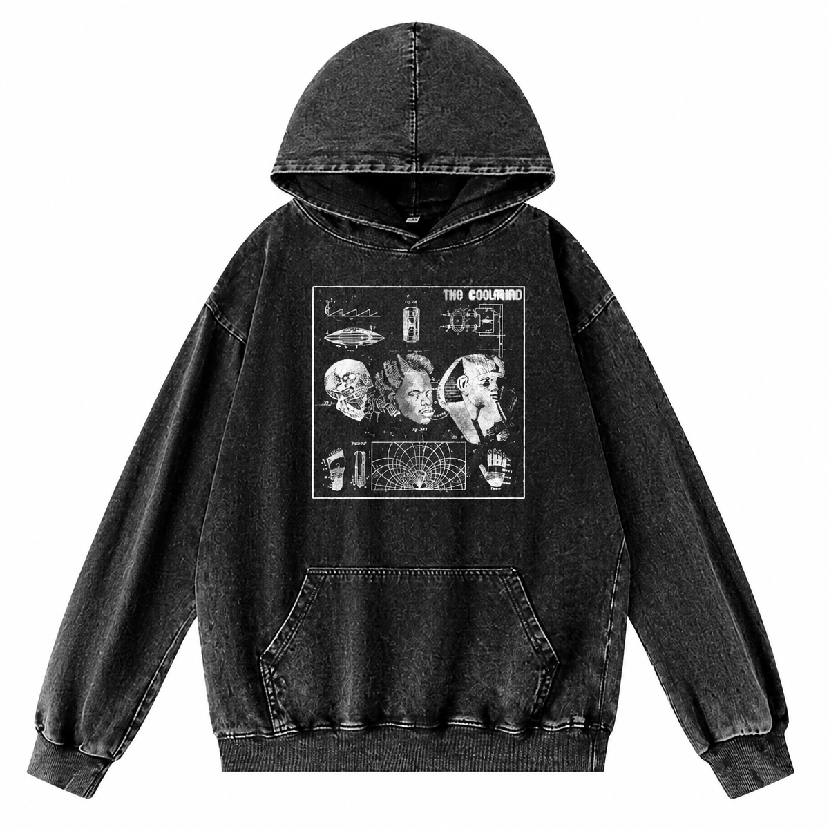 Grunge Acid-Washed Black Graphic Hooded Pullover Hoodie