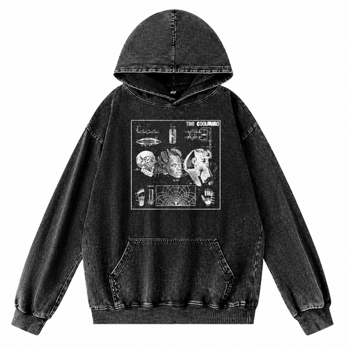 Grunge Acid-Washed Black Graphic Hooded Pullover Hoodie