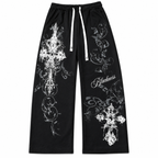 Grunge Graphic Print Wide-Leg Drawstring Sweatpants