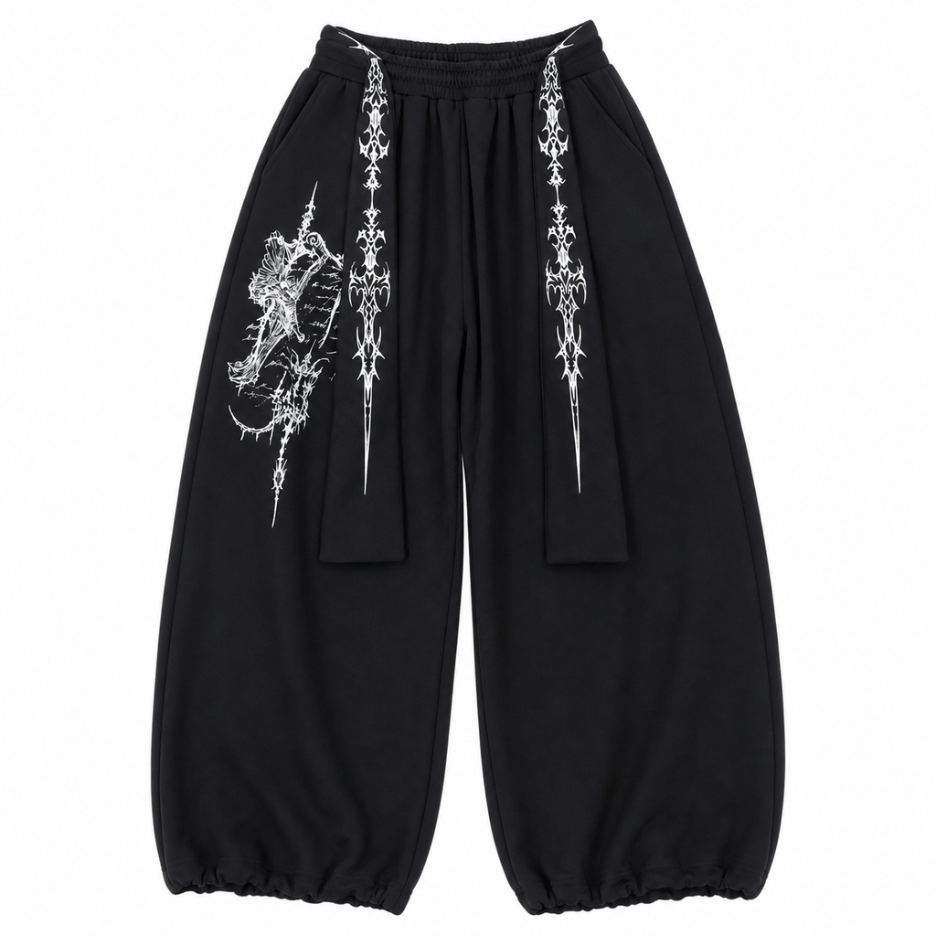 Gothic Graphic Wide-Leg Sweatpants with Drawstring Waist