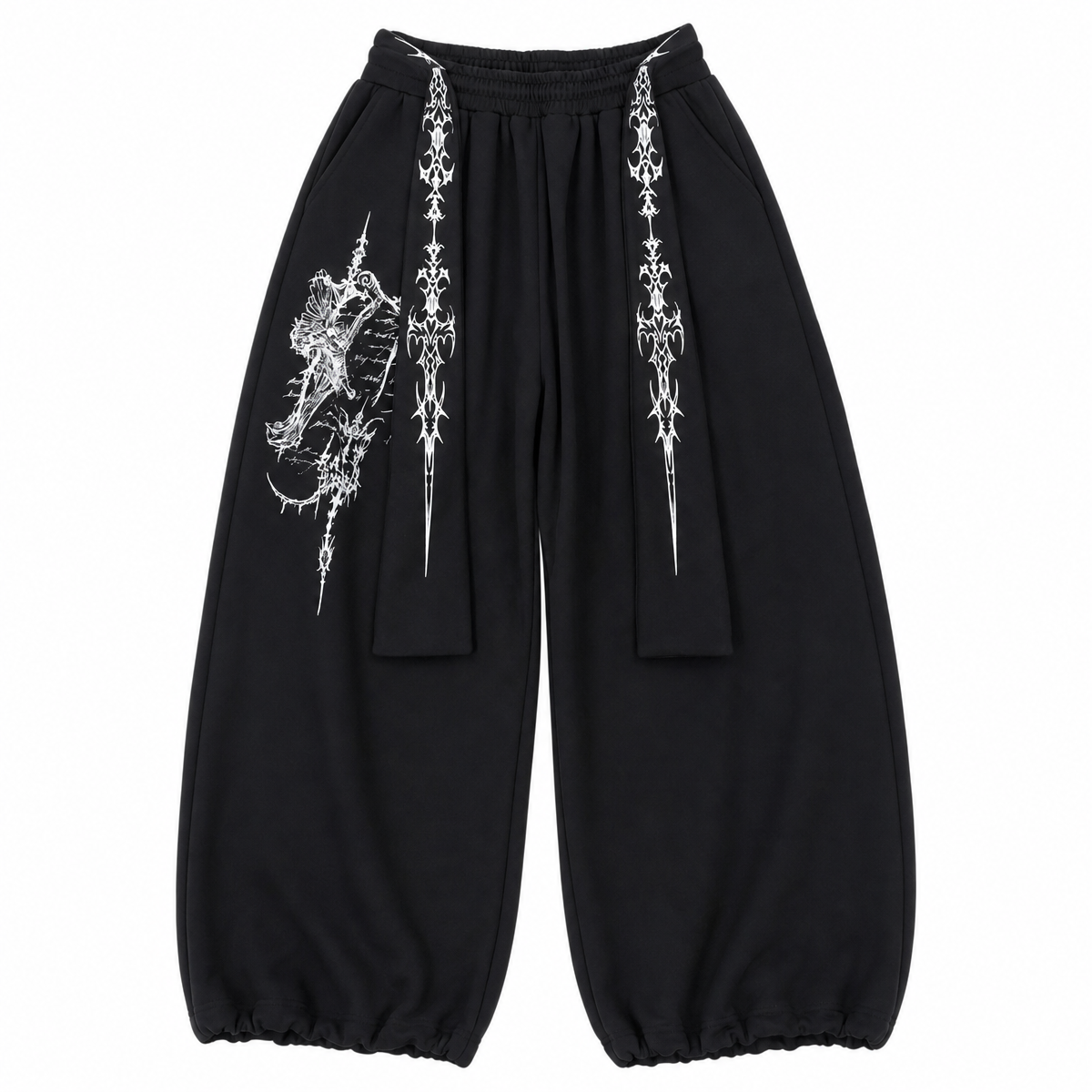 Gothic Graphic Wide-Leg Sweatpants with Drawstring Waist