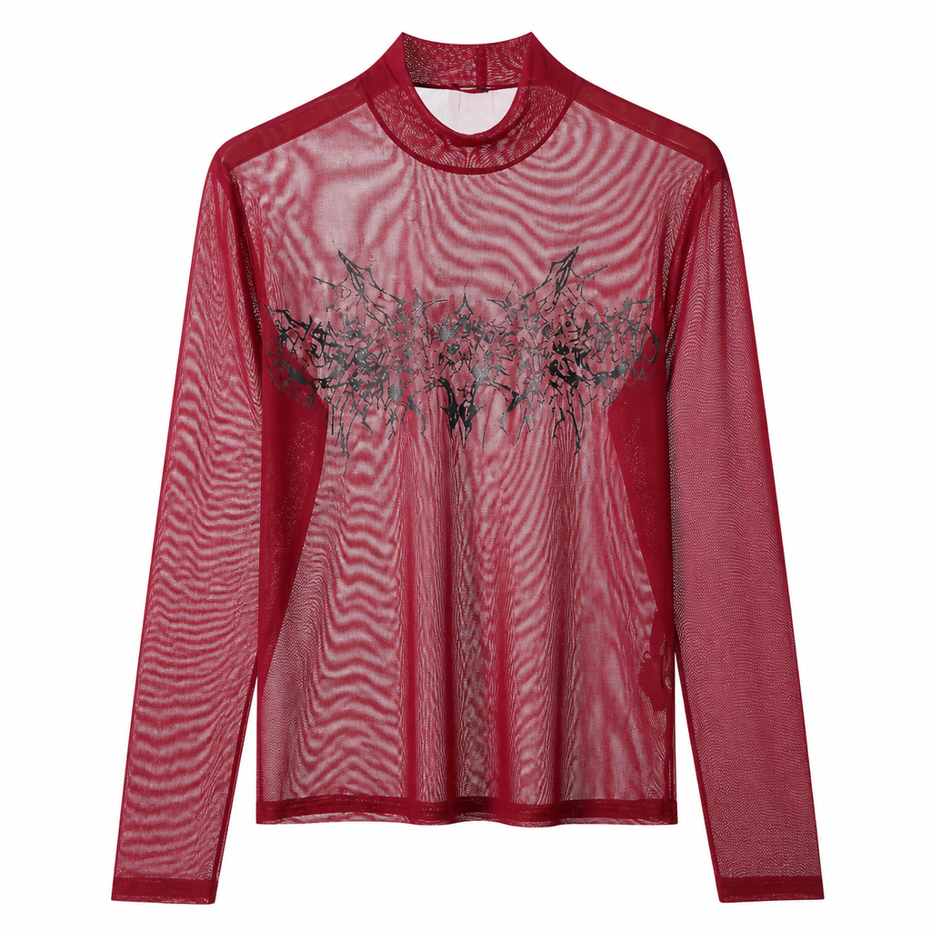 Men's Grunge Printed Mesh Turtleneck Long-Sleeve T-Shirt