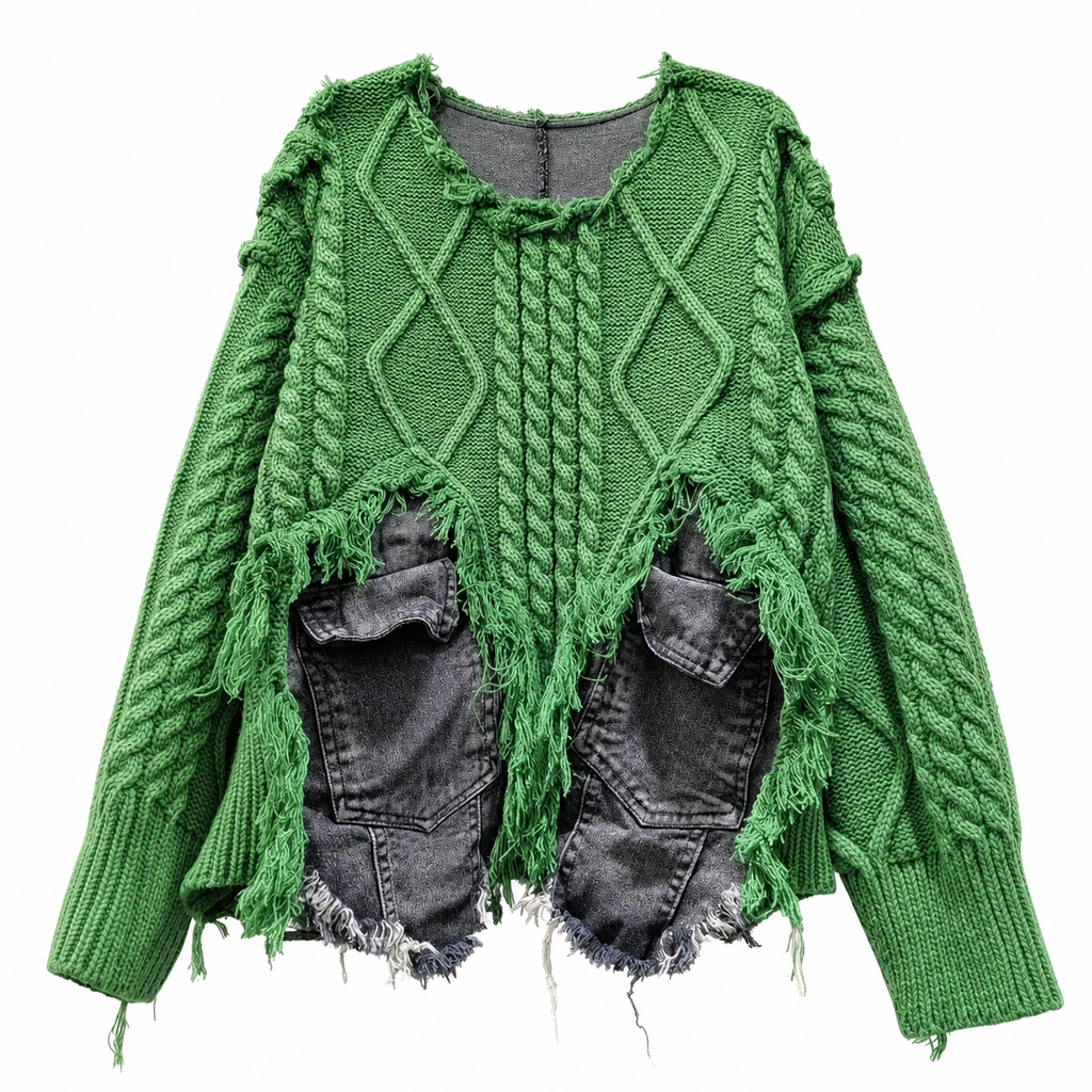 Women’s Emerald Green Cable-Knit Patchwork Pocket Sweater