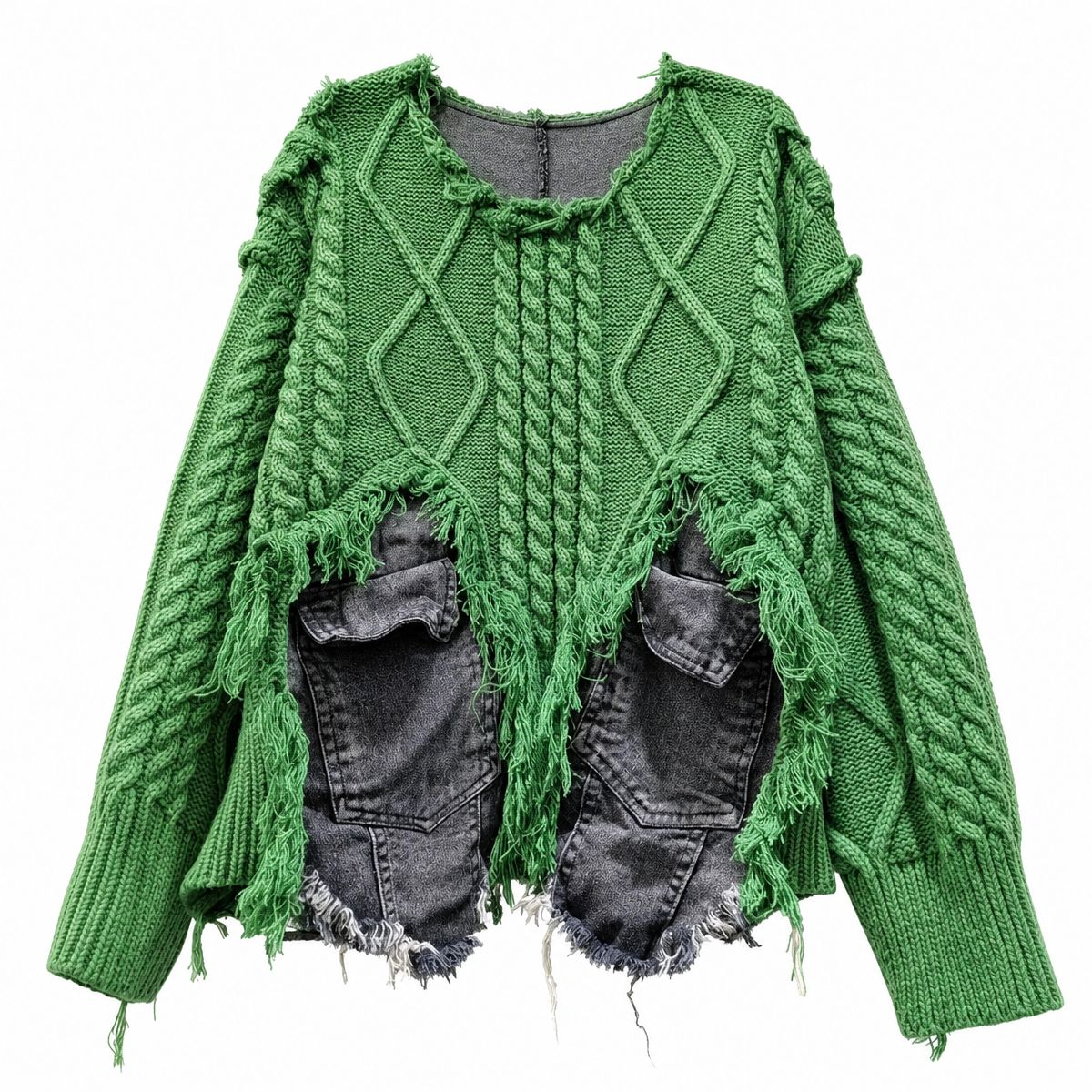 Women’s Emerald Green Cable-Knit Patchwork Pocket Sweater