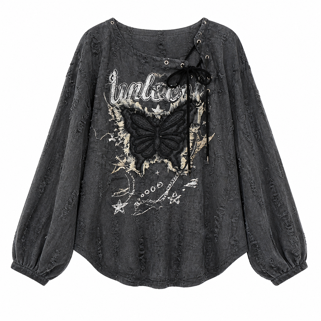 Grunge Butterfly Print Lace-Up Long-Sleeve Top