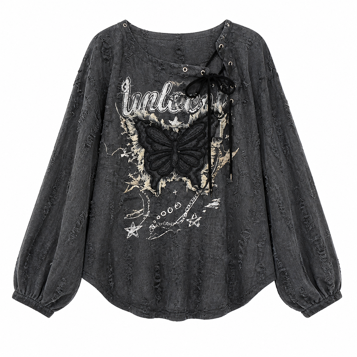 Grunge Butterfly Print Lace-Up Long-Sleeve Top