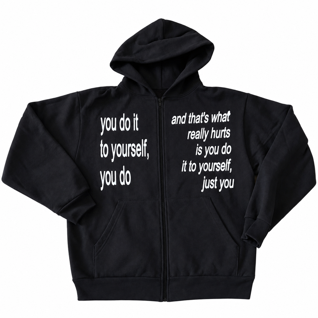 Black Letter Print Zip-Up Hoodie