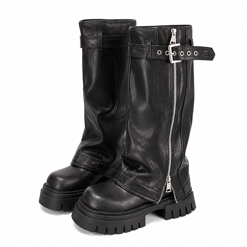 Grunge Platform Knee-High Boots with Belt Buckle and Square Toe