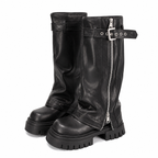 Grunge Platform Knee-High Boots with Belt Buckle and Square Toe