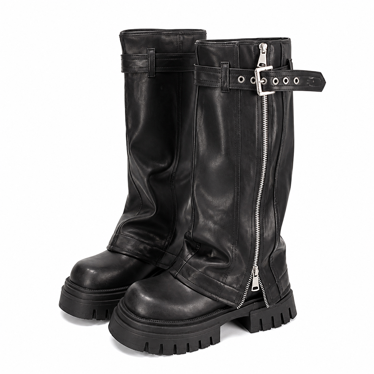 Grunge Platform Knee-High Boots with Belt Buckle and Square Toe