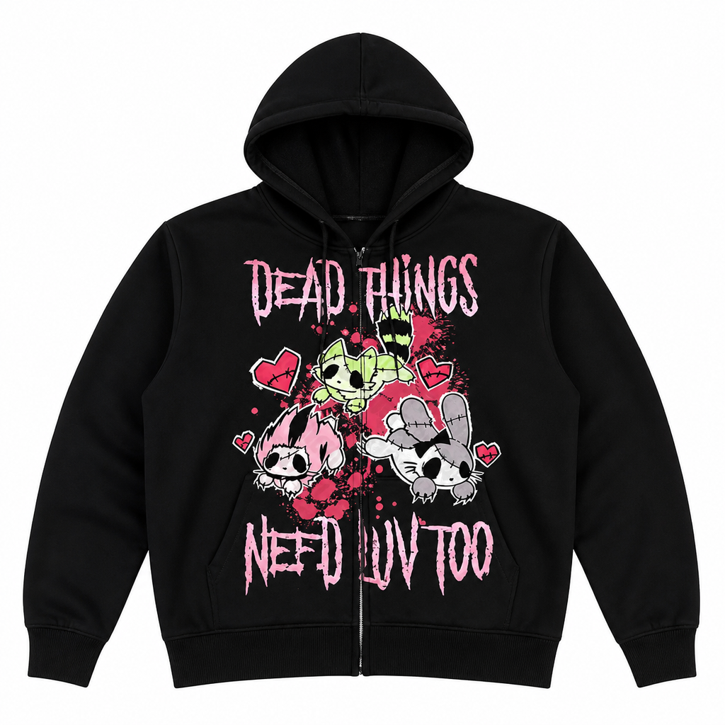 Grunge Black Graphic Full-Zip Hoodie