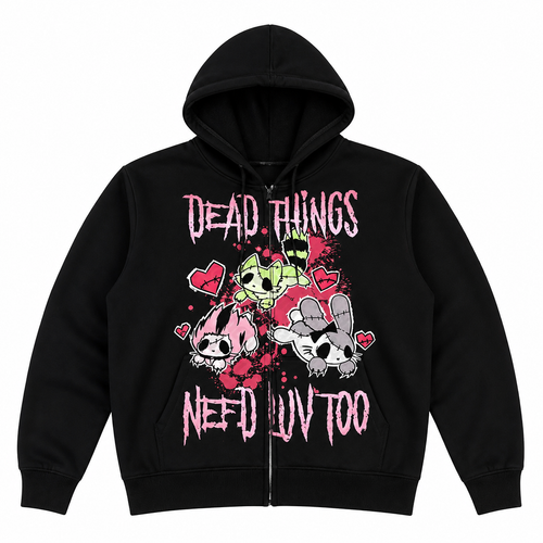 Grunge Black Graphic Full-Zip Hoodie
