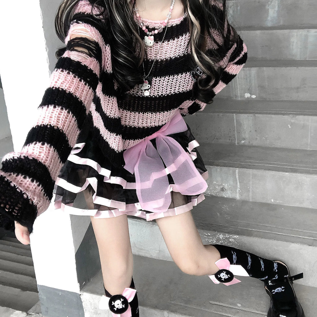 Women's Striped Distressed Knit Pullover Sweater