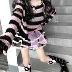 Women's Striped Distressed Knit Pullover Sweater