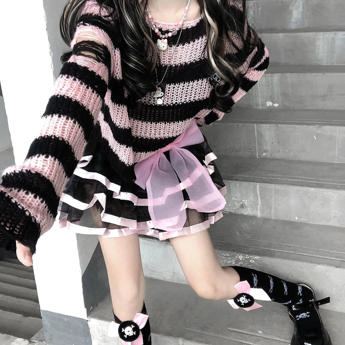 Women's Striped Distressed Knit Pullover Sweater