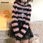 Women's Striped Distressed Knit Pullover Sweater
