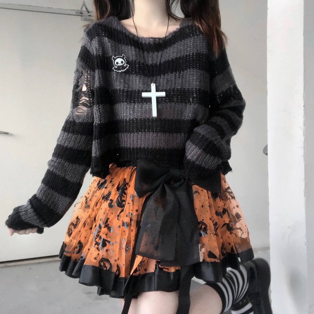 Women's Striped Distressed Knit Pullover Sweater