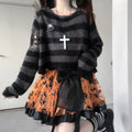 Women's Striped Distressed Knit Pullover Sweater