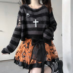 Women's Striped Distressed Knit Pullover Sweater