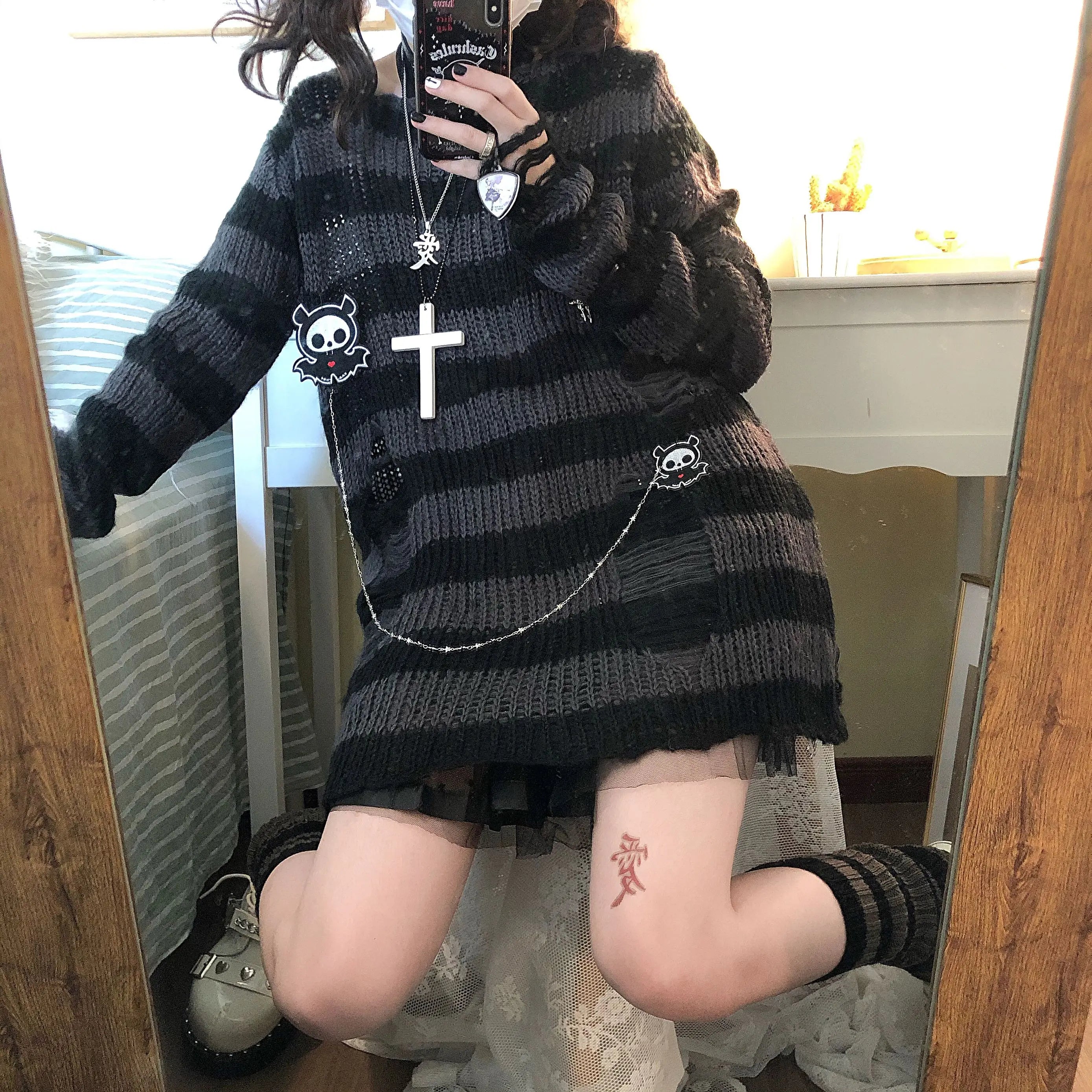 Women's Striped Distressed Knit Pullover Sweater
