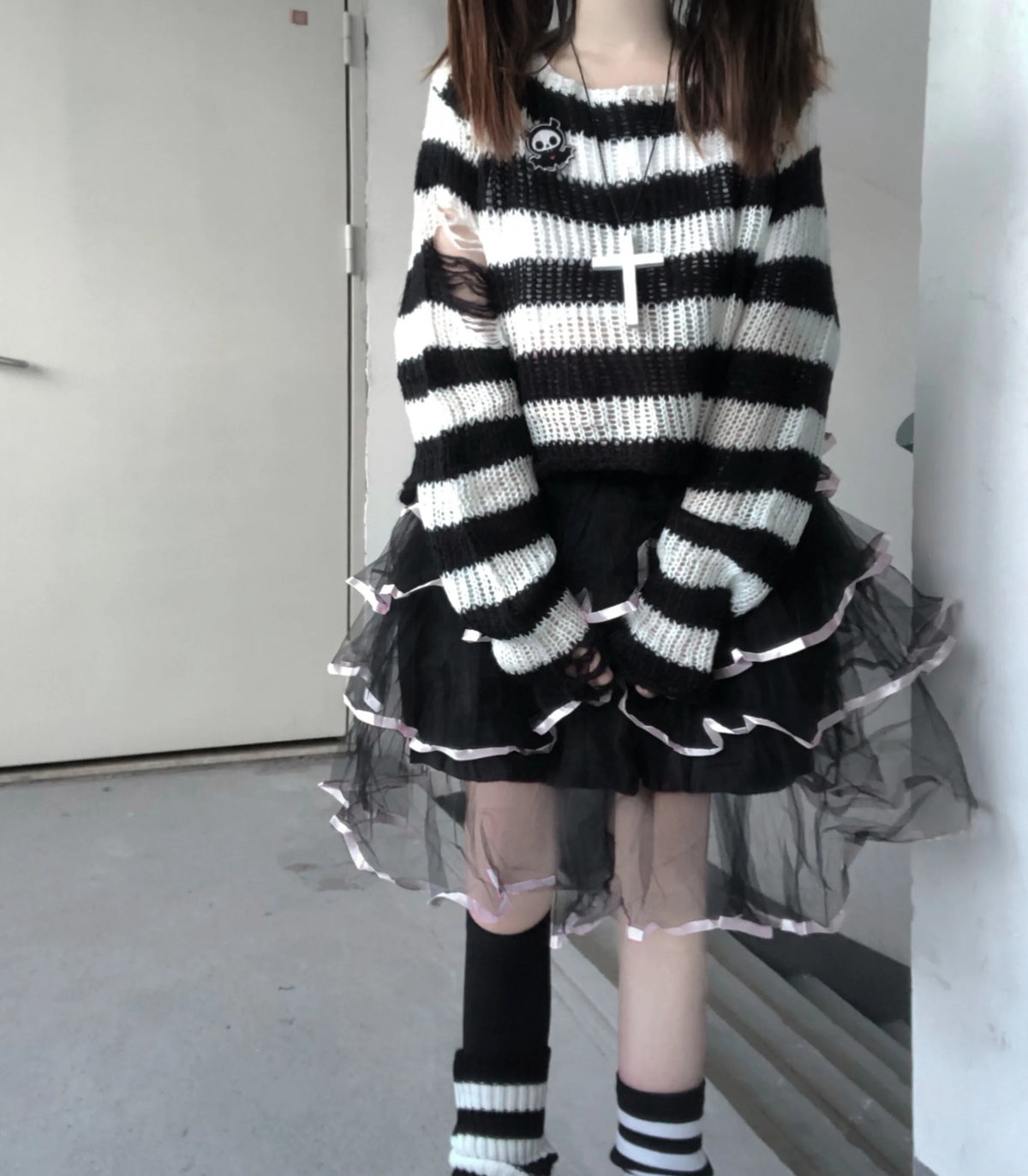 Women's Striped Distressed Knit Pullover Sweater