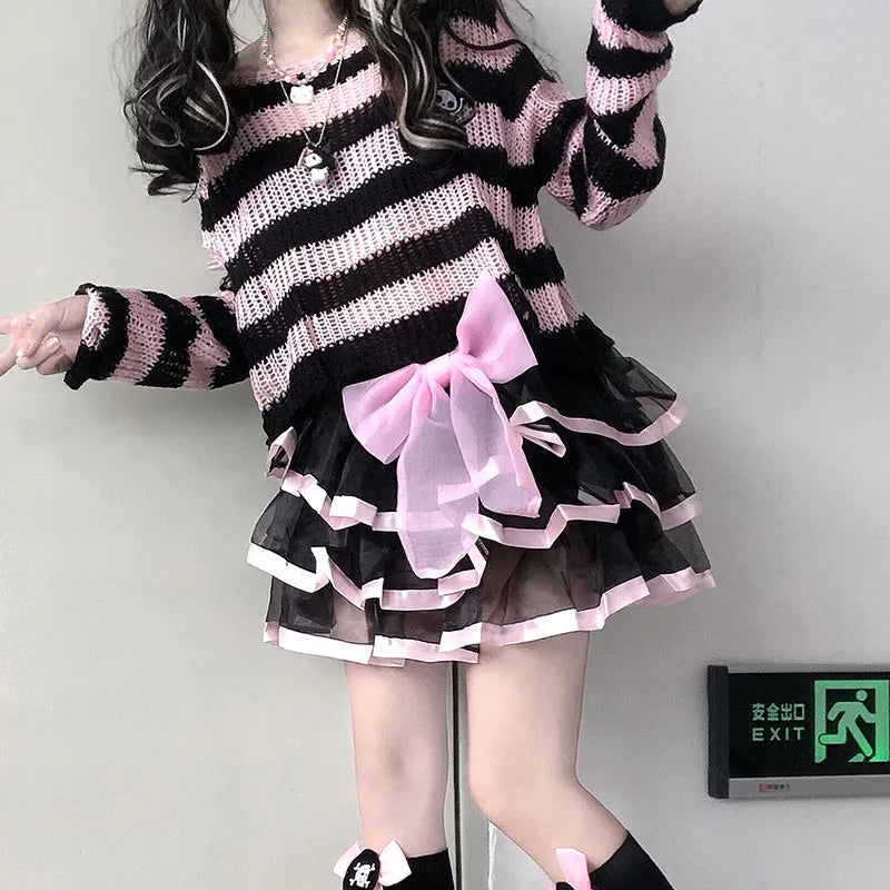 Grunge Striped Distressed Knit Pullover Sweater