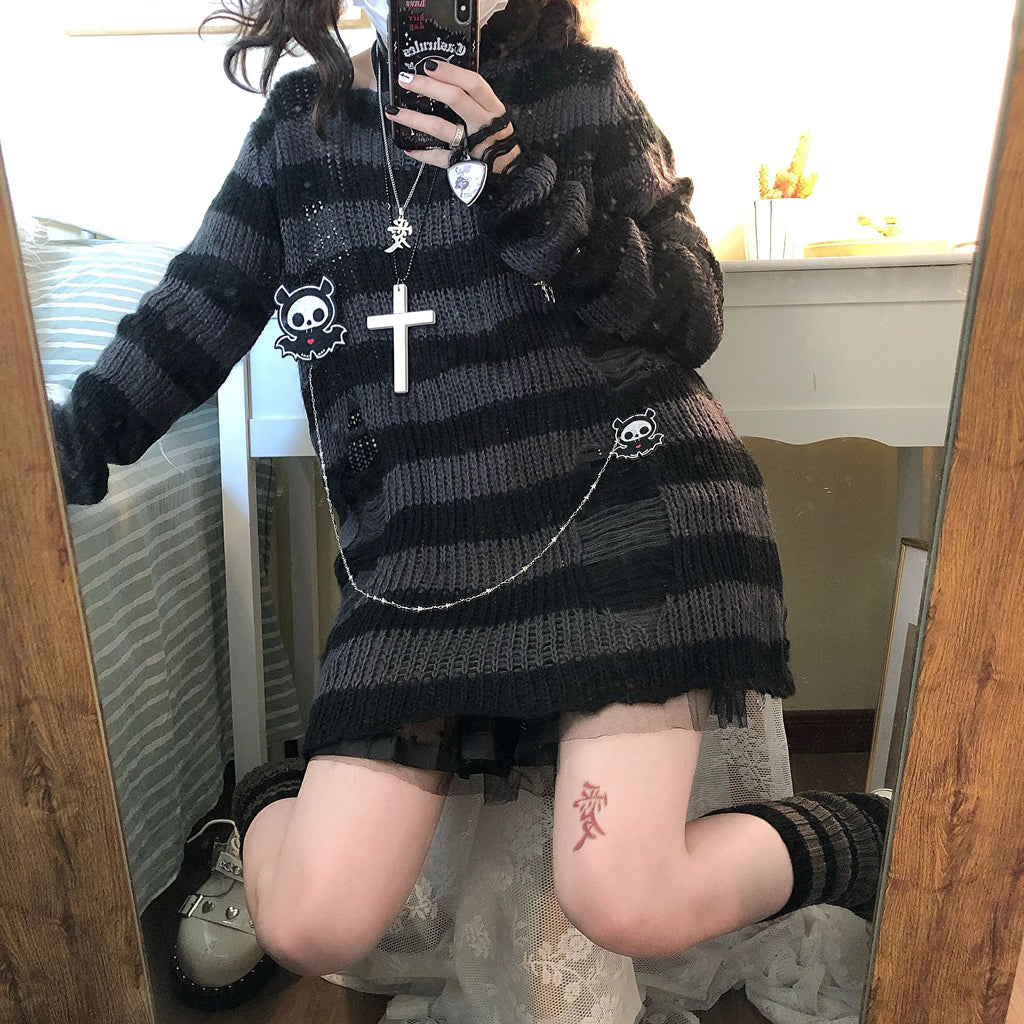Women's Striped Distressed Knit Pullover Sweater