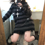 Women's Striped Distressed Knit Pullover Sweater