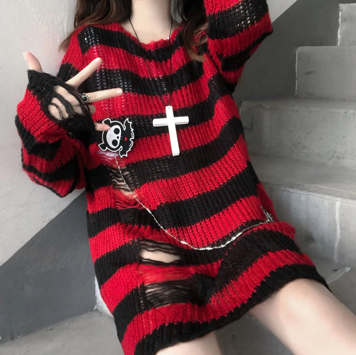 Women's Striped Distressed Knit Pullover Sweater