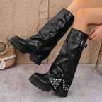 Women’s Knee-High Platform Boots with Rhinestone Buckle Detail