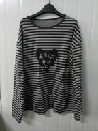 Gray Striped Long-Sleeve Top with Embroidered Heart Graphic
