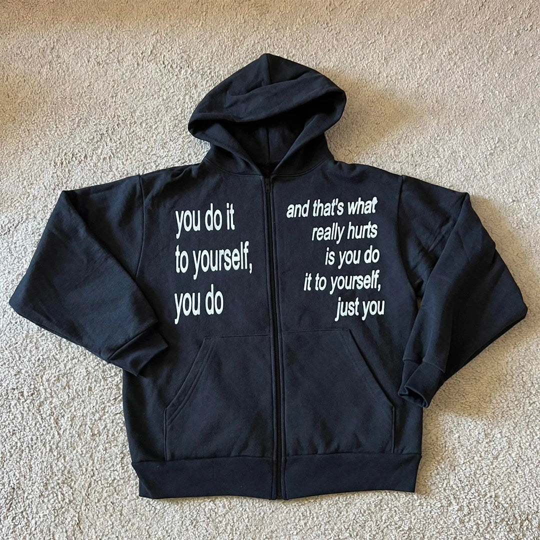Black Letter Print Zip-Up Hoodie
