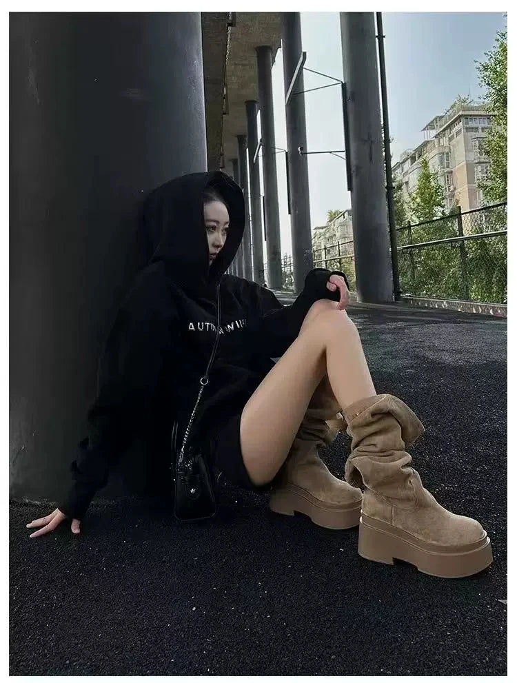 Women’s Brown Slouchy Mid-Calf Boots with Square Toe and Low Heel