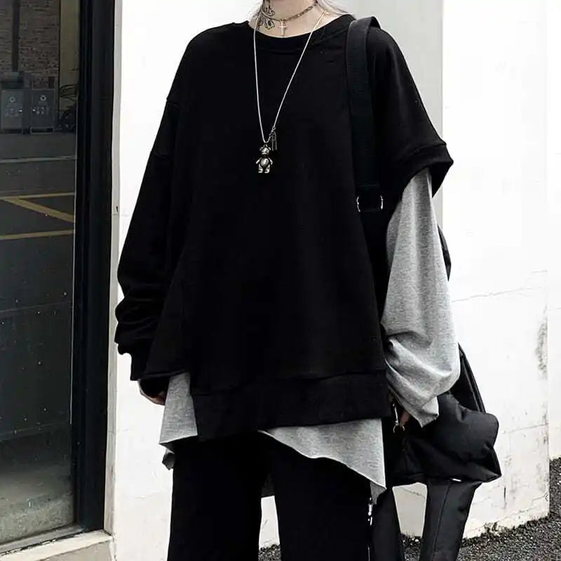 Grunge Black Oversized Two-Piece Long-Sleeve Top Set