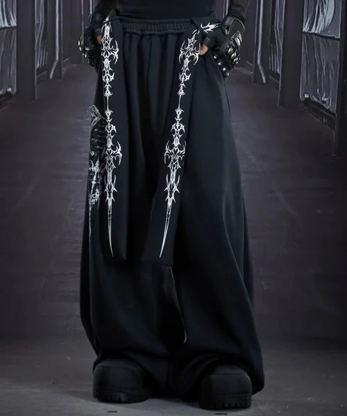 Gothic Graphic Wide-Leg Sweatpants with Drawstring Waist