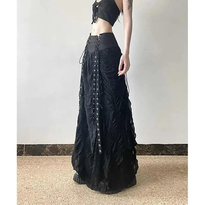 Grunge Black Lace-Up Ruched Maxi Skirt