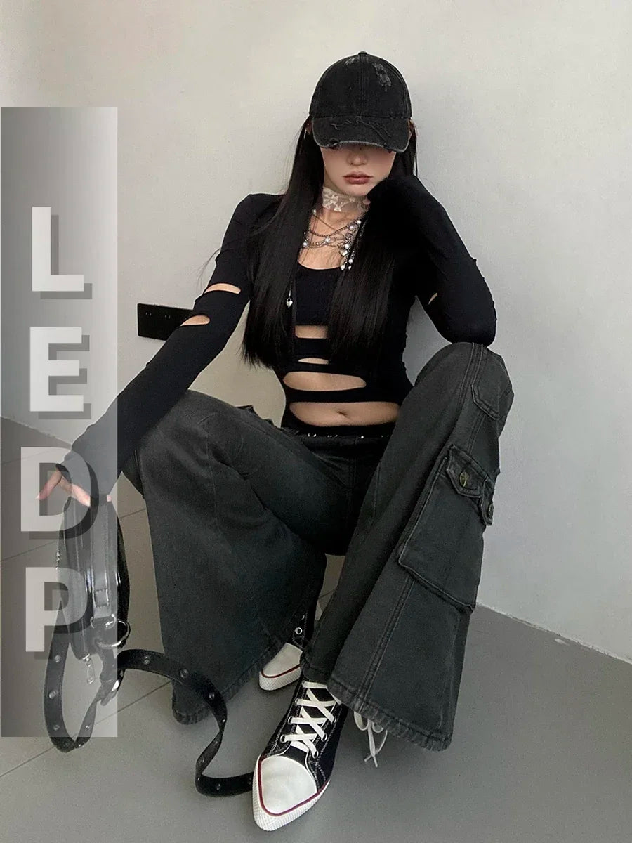 Women's Black Low-Rise Flare Cargo Jeans