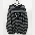 Gray Striped Long-Sleeve Top with Embroidered Heart Graphic