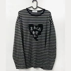 Gray Striped Long-Sleeve Top with Embroidered Heart Graphic