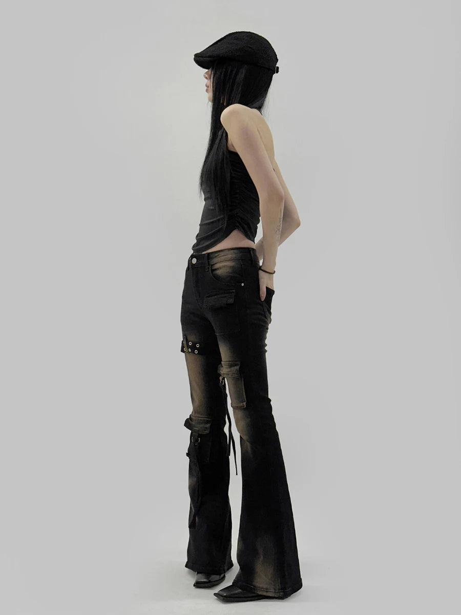 Women's Black and Blue Low-Rise Flare Cargo Jeans with Belt Detail