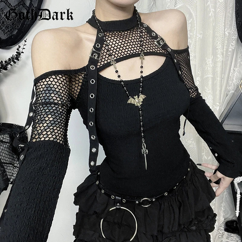 Women's Black Gothic Fishnet Cutout Long-Sleeve Top